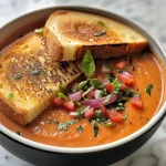 ['Close-up view of a bowl of tomato soup with grilled cheese sandwich.', 'Juicy tomato soup served in a bowl, accompanied by a grilled cheese sandwich.', 'Side view of creamy tomato soup featuring a crispy grilled cheese on the side.', 'Delicious tomato soup and a melted grilled cheese sandwich displayed together.']