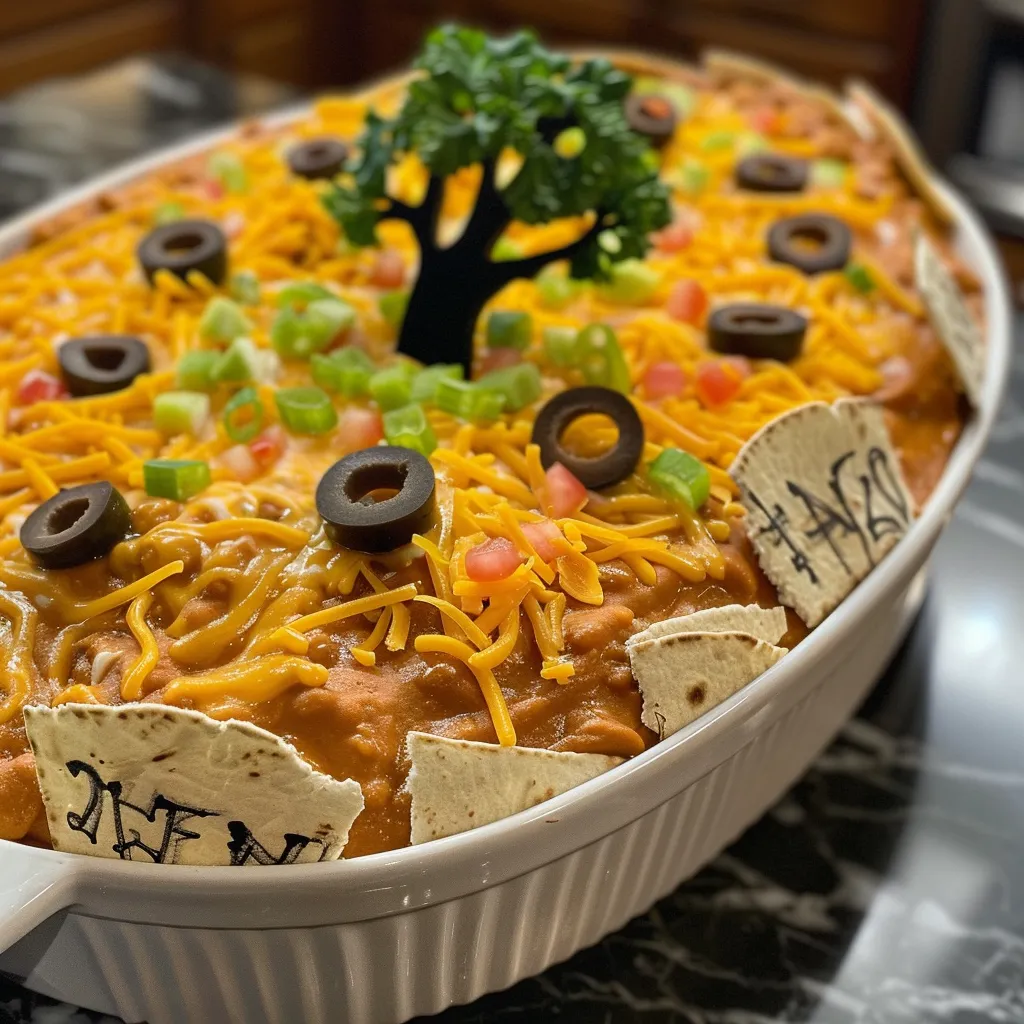 ['Close-up side view of Graveyard Taco Dip in a bowl, decorated with tombstone-shaped tortillas.', 'Juicy Graveyard Taco Dip layered with avocado, cheese, and salsa, featuring decorative toppings.', 'A vibrant, appetizing display of Graveyard Taco Dip with green onions and olives on top.', 'A tantalizing dish of Graveyard Taco Dip showing rich layers and unique tombstone tortilla shapes.']