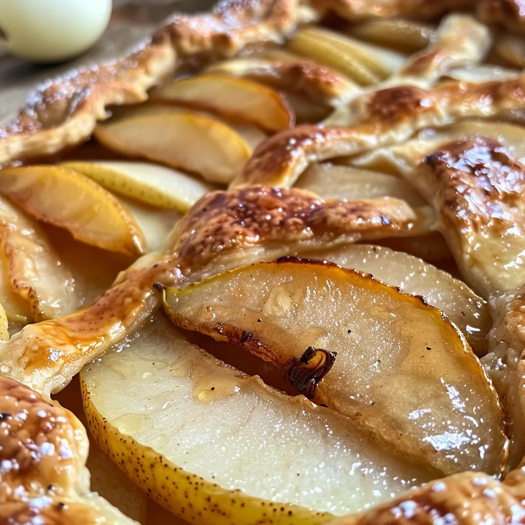 ['Close-up side view of a freshly baked pear galette with golden crust and juicy pear slices.', 'Mouthwatering pear galette showcasing a flaky crust and succulent fruit filling.', 'Detailed shot of a pear galette, highlighting the rich texture of the pastry and pear topping.', 'Delicious looking pear galette featuring soft, sliced pears arranged over a golden brown crust.']