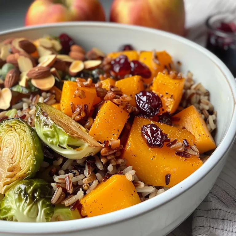['A close-up side view of a colorful Wild Rice Harvest Bowl featuring butternut squash, brussels sprouts, apples, and cheese.', 'An appetizing Wild Rice Harvest Bowl with vibrant ingredients like butternut squash and cranberries, set against a neutral background.', 'A detailed view of a Wild Rice Harvest Bowl filled with grains, fresh vegetables, and topped with fig balsamic vinaigrette.', 'A hearty Wild Rice Harvest Bowl showcasing a medley of roasted vegetables, nuts, and cheese, served in a rustic bowl.']
