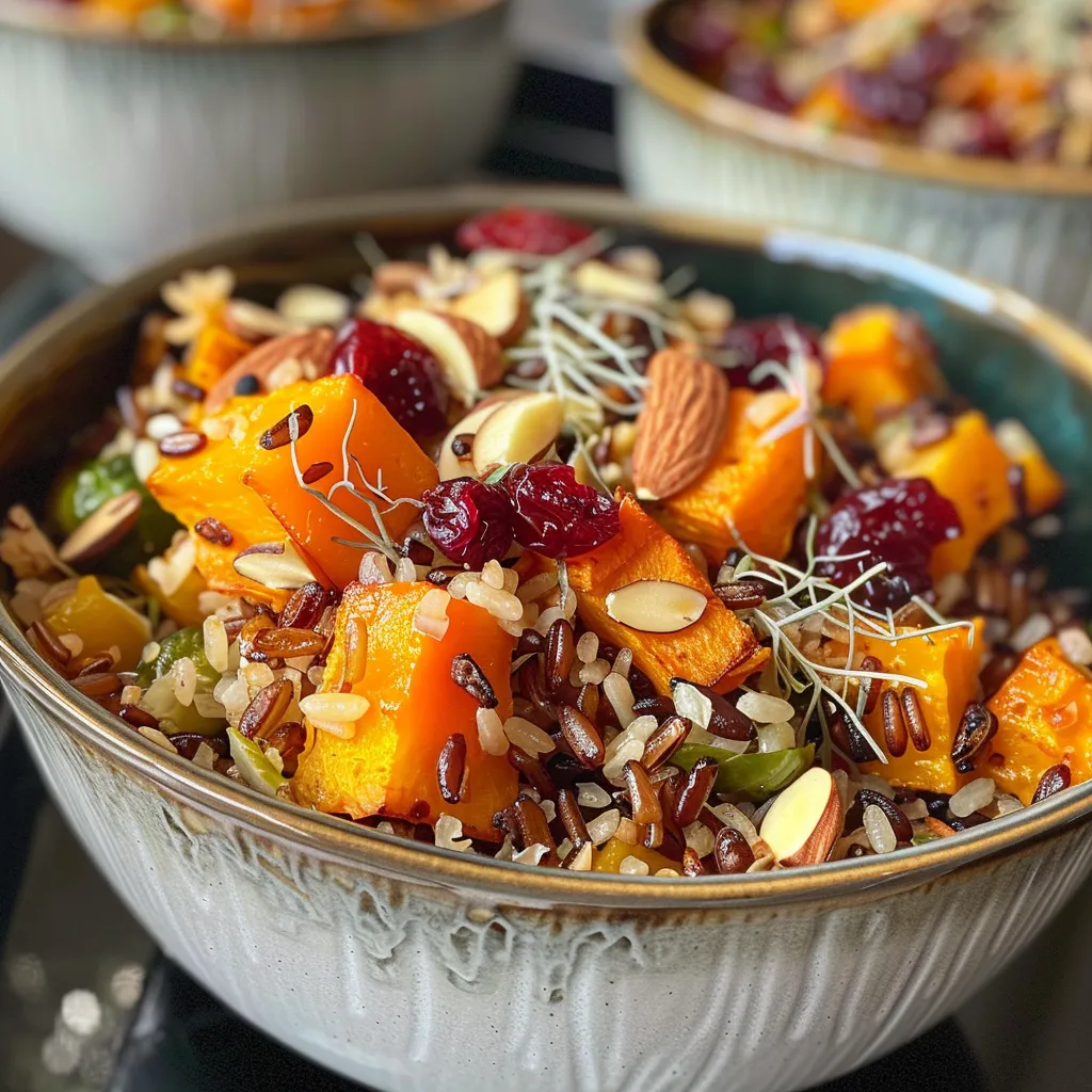 ['A close-up side view of a colorful Wild Rice Harvest Bowl featuring butternut squash, brussels sprouts, apples, and cheese.', 'An appetizing Wild Rice Harvest Bowl with vibrant ingredients like butternut squash and cranberries, set against a neutral background.', 'A detailed view of a Wild Rice Harvest Bowl filled with grains, fresh vegetables, and topped with fig balsamic vinaigrette.', 'A hearty Wild Rice Harvest Bowl showcasing a medley of roasted vegetables, nuts, and cheese, served in a rustic bowl.']