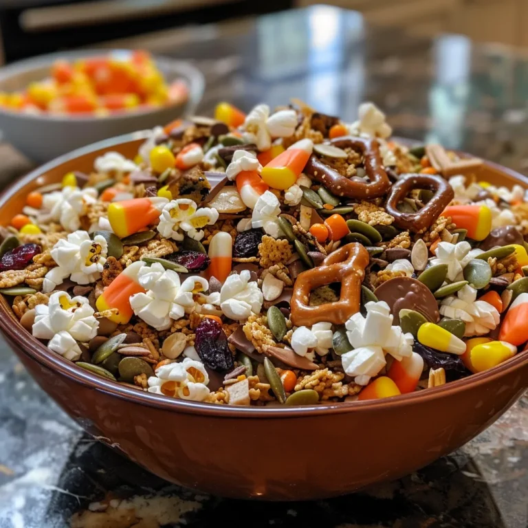 ['Close-up view of colorful Halloween popcorn mix with candy corn and M&Ms.', 'Side view of a bowl filled with Halloween-themed popcorn mix featuring sprinkles and marshmallows.', 'Detailed image of sweet popcorn mix showcasing white chocolate and Halloween candies.', 'Vibrant Halloween popcorn mix with a variety of candies, displayed in a close-up shot.']