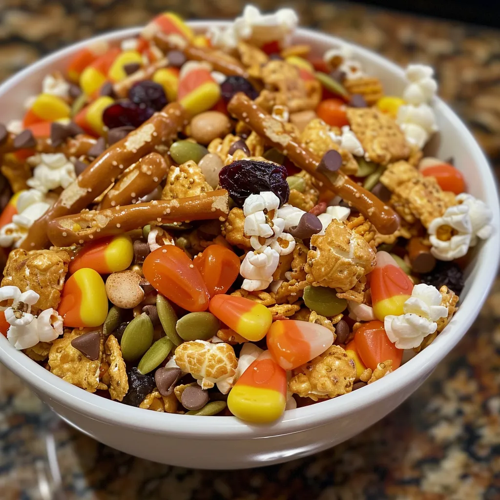 ['Close-up view of colorful Halloween trail mix featuring popcorn, pretzel sticks, and candy.', 'Vibrant mix of popcorn, pumpkin seeds, and dried cranberries presented in a bowl.', 'Textured overhead shot of Halloween trail mix ingredients including popcorn and chocolate chips.', 'Detailed side view of a festive Halloween trail mix in a bowl with various crunchy elements.']