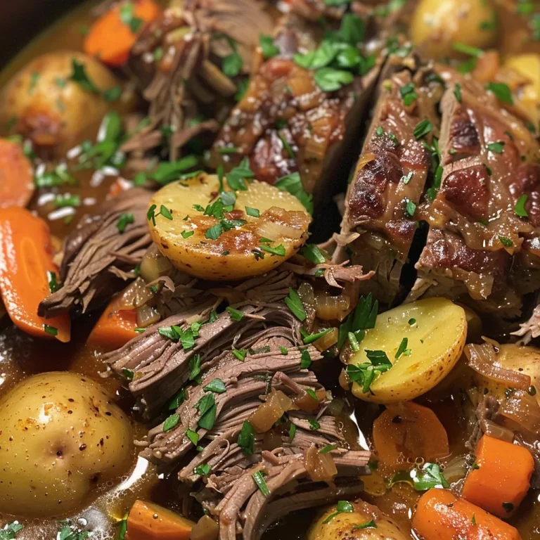 ['A close-up side view of a juicy, tender Crock Pot Pot Roast with vegetables.', 'Deliciously arranged Crock Pot Pot Roast with carrots and potatoes in a savory sauce.', 'A vibrant image of a slow-cooked pot roast showcasing rich colors and textures.', 'Juicy Crock Pot Pot Roast served with fresh herbs, carrots, and potatoes.']