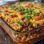 ['Close-up view of a hearty Chili Cornbread Casserole with golden cornbread topping.', 'Side angle of a delicious Chili Cornbread Casserole, revealing layers of beef and cheese.', 'Juicy Chili Cornbread Casserole with a flaky cornbread crust and colorful toppings.', 'Appetizing Chili Cornbread Casserole showing savory ingredients and melted cheese.']