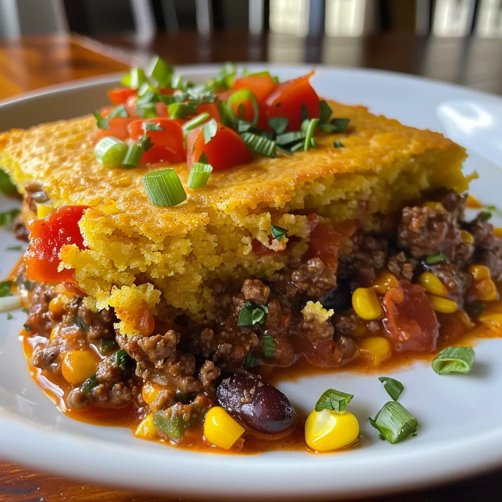 ['Close-up view of a hearty Chili Cornbread Casserole with golden cornbread topping.', 'Side angle of a delicious Chili Cornbread Casserole, revealing layers of beef and cheese.', 'Juicy Chili Cornbread Casserole with a flaky cornbread crust and colorful toppings.', 'Appetizing Chili Cornbread Casserole showing savory ingredients and melted cheese.']