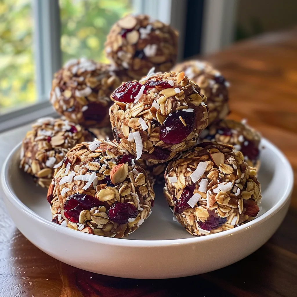 ['Close-up view of homemade cranberry almond energy bites on a wooden surface.', 'Side angle photo of chewy cranberry almond energy bites with visible nuts and dried fruit.', 'Detailed image showing a cluster of cranberry almond energy bites against a rustic background.', 'Macroscopic view of healthy energy bites featuring almonds and cranberries, ready to eat.']