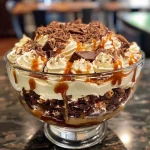 ['A close-up side view of a decadent Salted Caramel Brownie Cheesecake Trifle layered with fudge brownies, cream cheese, and caramel sauce.', 'A mouthwatering trifle showcasing chocolate and salted caramel layers topped with whipped cream and chocolate caramel candy pieces.', 'An appetizing dessert trifle featuring rich brownie layers, creamy cheesecake, and a drizzle of salted caramel on top.', 'A visually appealing dessert with multiple layers of brownies, cheesecake filling, and caramel, garnished with flaky sea salt.']