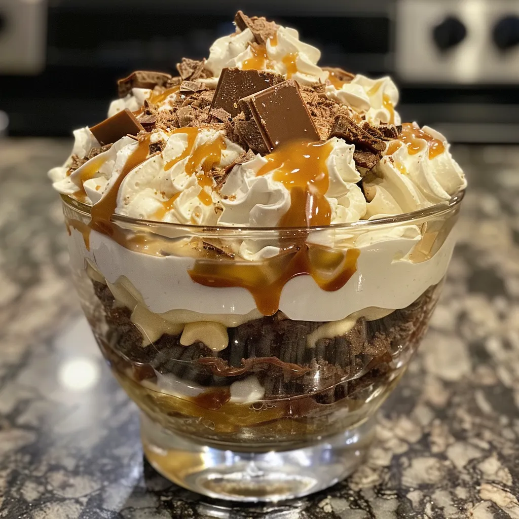 ['A close-up side view of a decadent Salted Caramel Brownie Cheesecake Trifle layered with fudge brownies, cream cheese, and caramel sauce.', 'A mouthwatering trifle showcasing chocolate and salted caramel layers topped with whipped cream and chocolate caramel candy pieces.', 'An appetizing dessert trifle featuring rich brownie layers, creamy cheesecake, and a drizzle of salted caramel on top.', 'A visually appealing dessert with multiple layers of brownies, cheesecake filling, and caramel, garnished with flaky sea salt.']