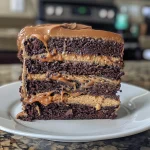 ['Close-up side view of a layered chocolate cake topped with salted caramel.', 'Juicy chocolate cake with layers of caramel and frosting, viewed from the side.', 'Rich chocolate layer cake with salted caramel dripping down the sides.', 'Deliciously moist chocolate cake layered with creamy frosting and caramel.']