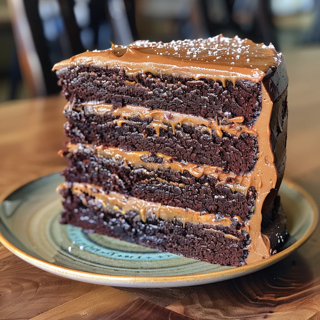 ['Close-up side view of a layered chocolate cake topped with salted caramel.', 'Juicy chocolate cake with layers of caramel and frosting, viewed from the side.', 'Rich chocolate layer cake with salted caramel dripping down the sides.', 'Deliciously moist chocolate cake layered with creamy frosting and caramel.']