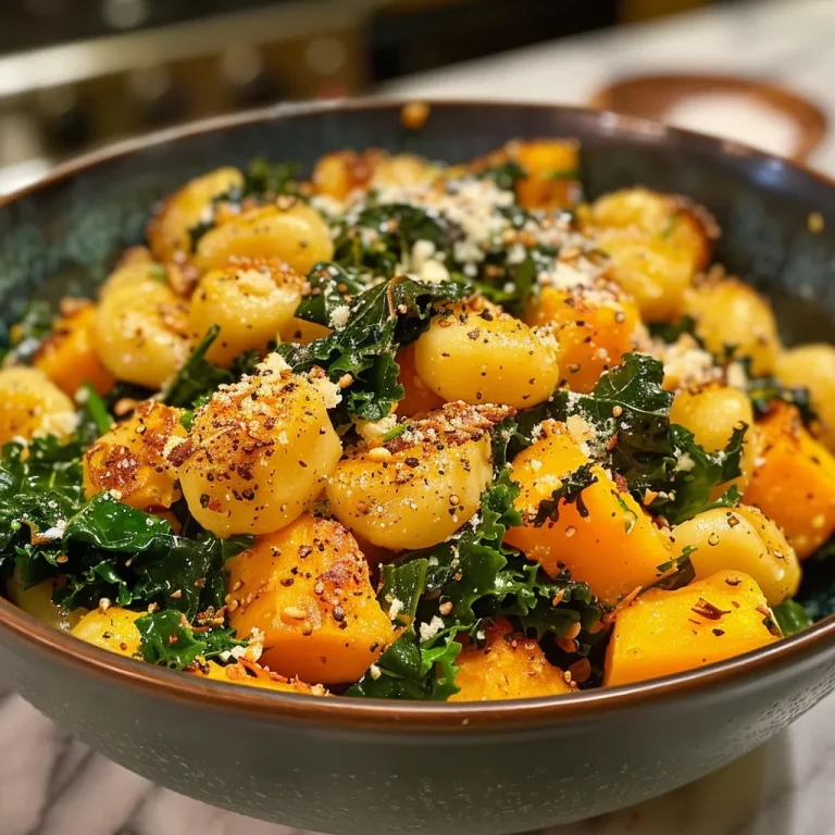 ['Close-up view of roasted garlic butternut squash and gnocchi garnished with Parmesan cheese.', 'A serving of gnocchi mixed with cubed roasted butternut squash and kale, topped with garlic cloves.', 'Juicy roasted garlic butternut squash and gnocchi in a bowl, showcasing vibrant colors of the dish.', 'Side view of a delicious plate of gnocchi with roasted garlic and butternut squash, sprinkled with thyme.']