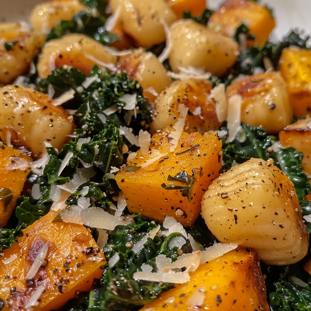['Close-up view of roasted garlic butternut squash and gnocchi garnished with Parmesan cheese.', 'A serving of gnocchi mixed with cubed roasted butternut squash and kale, topped with garlic cloves.', 'Juicy roasted garlic butternut squash and gnocchi in a bowl, showcasing vibrant colors of the dish.', 'Side view of a delicious plate of gnocchi with roasted garlic and butternut squash, sprinkled with thyme.']