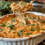 ['Close-up view of a creamy Greek Yogurt Buffalo Chicken Dip in a bowl with melted cheese on top.', 'Side view of a delicious Greek Yogurt Buffalo Chicken Dip, showcasing the shredded chicken and vibrant sauce.', 'Textured close-up of homemade Greek Yogurt Buffalo Chicken Dip with a golden cheesy crust.', "Close-up image of Greek Yogurt Buffalo Chicken Dip, highlighting ingredients like shredded chicken and Frank's Hot Sauce."]