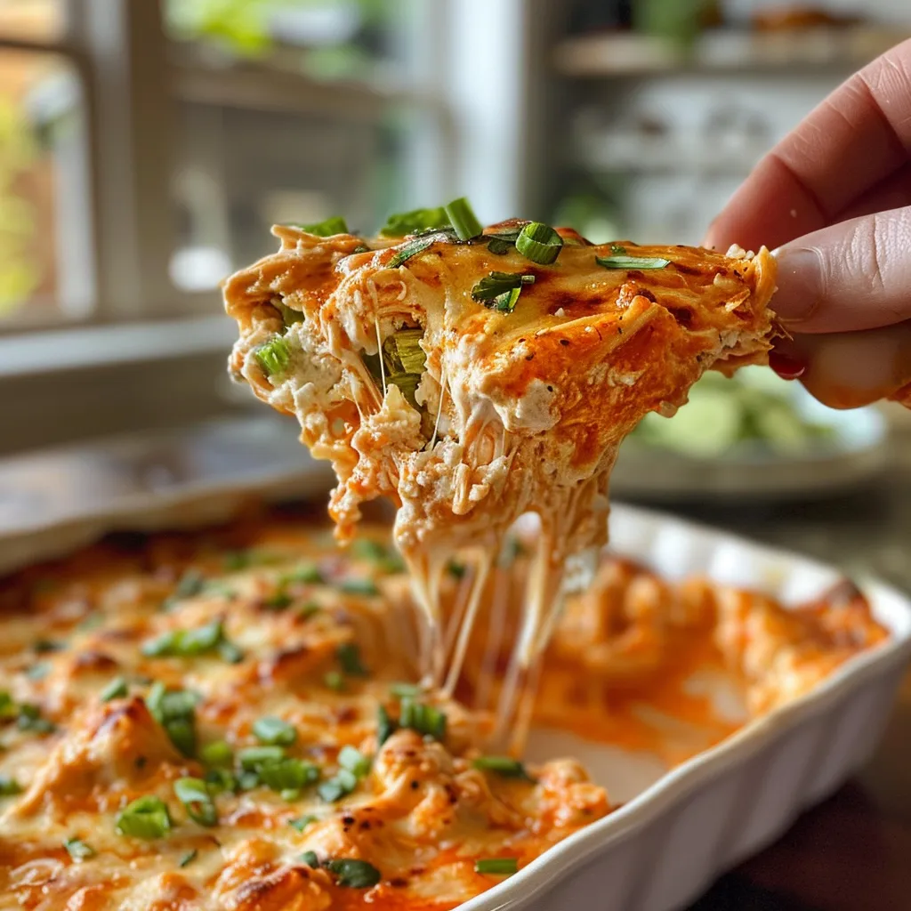 ['Close-up view of a creamy Greek Yogurt Buffalo Chicken Dip in a bowl with melted cheese on top.', 'Side view of a delicious Greek Yogurt Buffalo Chicken Dip, showcasing the shredded chicken and vibrant sauce.', 'Textured close-up of homemade Greek Yogurt Buffalo Chicken Dip with a golden cheesy crust.',