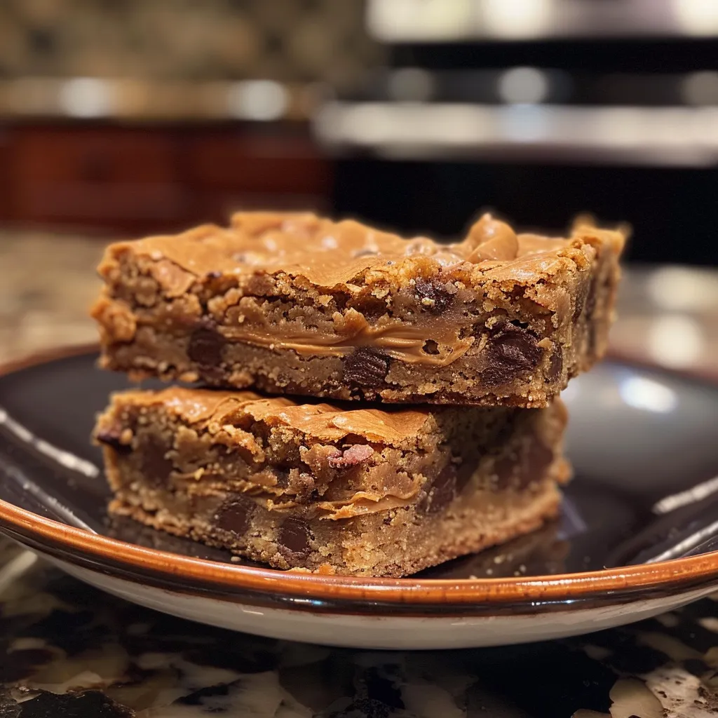["Close-up of golden peanut butter blondies with chocolate chips and Reese's Pieces.", 'Side view of freshly baked peanut butter blondies, showcasing a soft texture.', 'Juicy peanut butter blondies with a shiny top and colorful candy pieces.', 'A mouthwatering slice of peanut butter blondies accented with chocolate chips.']