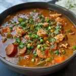 ['Close-up view of a bowl of gluten-free gumbo with colorful ingredients.', 'A side view of delicious gluten-free gumbo showcasing chicken, sausage, and vegetables.', 'Vibrant gluten-free gumbo filled with shrimp, okra, and a mix of bell peppers.', 'Hearty bowl of gluten-free gumbo topped with sliced green onions, ready to serve.']