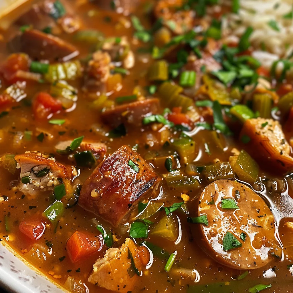 ['Close-up view of a bowl of gluten-free gumbo with colorful ingredients.', 'A side view of delicious gluten-free gumbo showcasing chicken, sausage, and vegetables.', 'Vibrant gluten-free gumbo filled with shrimp, okra, and a mix of bell peppers.', 'Hearty bowl of gluten-free gumbo topped with sliced green onions, ready to serve.']