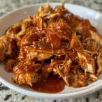 ['Close-up view of juicy BBQ pulled chicken in a crock pot.', 'Side view of healthy pulled chicken with BBQ sauce in a slow cooker.', 'Appetizing pulled chicken dish showcasing tangy BBQ sauce.', 'Delicious looking shredded chicken in a crock pot, ready to serve.']