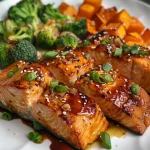 ['Juicy teriyaki salmon fillets with colorful sweet potatoes and broccoli on a sheet pan.', 'Close-up of teriyaki salmon and roasted vegetables on a baking tray.', 'Side view of succulent salmon glazed with teriyaki sauce beside vibrant vegetables.', 'Sheet pan meal featuring salmon, sweet potatoes, and broccoli, ready to serve.']