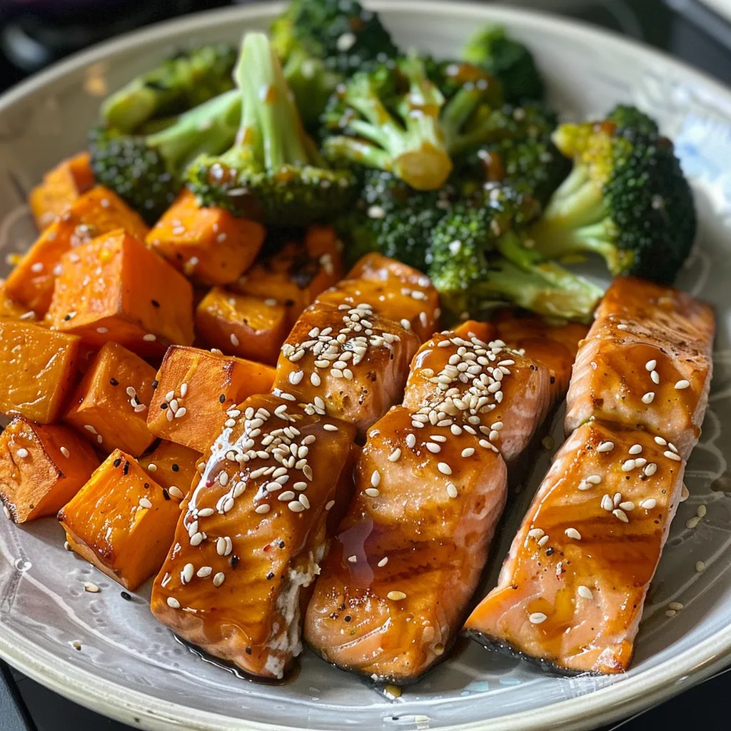['Juicy teriyaki salmon fillets with colorful sweet potatoes and broccoli on a sheet pan.', 'Close-up of teriyaki salmon and roasted vegetables on a baking tray.', 'Side view of succulent salmon glazed with teriyaki sauce beside vibrant vegetables.', 'Sheet pan meal featuring salmon, sweet potatoes, and broccoli, ready to serve.']
