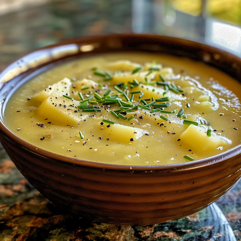 ['Close-up view of creamy Potato Leek Soup in a bowl with garnishes.', 'Side view of a bowl of Potato Leek Soup with chives and black pepper.', 'Detailed image of rich Potato Leek Soup highlighting its texture and ingredients.', 'Bowl of delicious Potato Leek Soup with fresh herbs on top.']