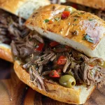 ['Juicy Slow Cooker Italian Beef Sandwich with toppings on a hoagie roll.', 'Close-up of a delicious Italian beef sandwich filled with pepperoncini and cheese.', 'Side view of an Italian beef sandwich showcasing the tender meat and fresh ingredients.', 'A succulent slow-cooked beef sandwich ready to be enjoyed on a plate.']