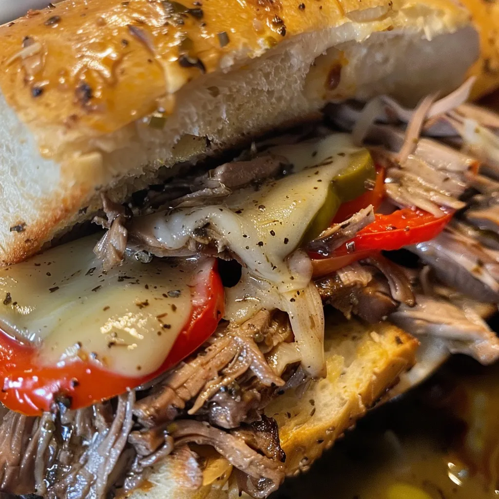 ['Juicy Slow Cooker Italian Beef Sandwich with toppings on a hoagie roll.', 'Close-up of a delicious Italian beef sandwich filled with pepperoncini and cheese.', 'Side view of an Italian beef sandwich showcasing the tender meat and fresh ingredients.', 'A succulent slow-cooked beef sandwich ready to be enjoyed on a plate.']