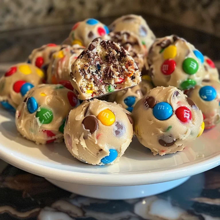 ['Close-up view of delicious M&M Cookie Dough Truffles, showing their rich texture and colorful toppings.', 'Side view of M&M Cookie Dough Truffles, highlighting the melted chocolate coating and vibrant M&Ms.', 'Juicy M&M Cookie Dough Truffles displayed on a plate, emphasizing their chewy interior and shiny chocolate exterior.', 'M&M Cookie Dough Truffles captured in detail, featuring colorful candy pieces on top of a chocolate shell.']