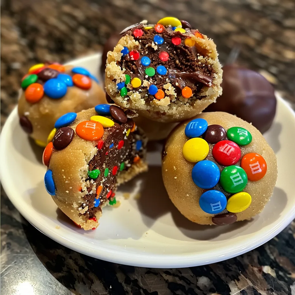 ['Close-up view of delicious M&M Cookie Dough Truffles, showing their rich texture and colorful toppings.', 'Side view of M&M Cookie Dough Truffles, highlighting the melted chocolate coating and vibrant M&Ms.', 'Juicy M&M Cookie Dough Truffles displayed on a plate, emphasizing their chewy interior and shiny chocolate exterior.', 'M&M Cookie Dough Truffles captured in detail, featuring colorful candy pieces on top of a chocolate shell.']