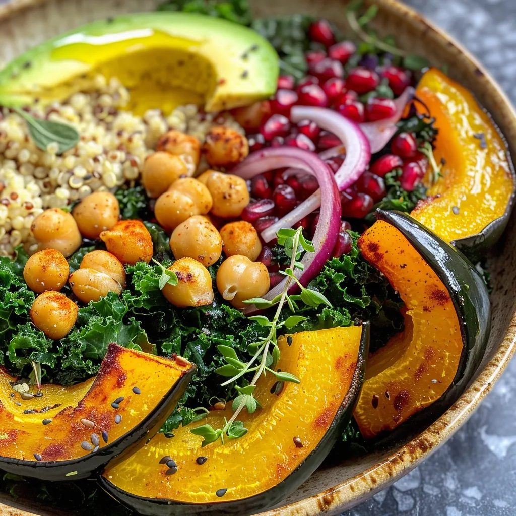 ['Close-up view of a colorful Roasted Acorn Squash Nourish Bowl showing vibrant ingredients.', 'Side angle of a nourishing bowl featuring sliced acorn squash, quinoa, and fresh greens.', 'Detailed image of a healthy nourish bowl with roasted acorn squash and topped with pomegranate seeds.', 'Artistic close-up of a Roasted Acorn Squash Nourish Bowl with kale, chickpeas, and avocado slices.']