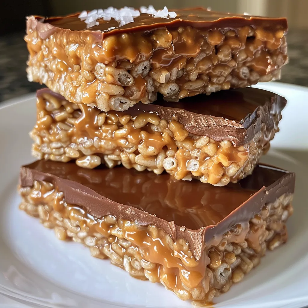 ['Close-up view of Healthy Peanut Butter Rice Krispie Treats topped with dark chocolate.', 'Healthy Peanut Butter Rice Krispie Treats with a glossy chocolate coating and a sprinkle of sea salt.', 'A side view of delicious, healthy Rice Krispie treats made with peanut butter and chocolate.', 'Juicy and nutritious peanut butter rice treats with dark chocolate pieces on top.']