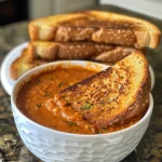 ['A close-up of a bowl of roasted tomato soup beside a grilled cheese sandwich.', 'Side view of creamy tomato soup with basil and a crispy grilled cheese on a plate.', 'Juicy roasted tomato soup served with toasted sourdough grilled cheese.', 'A vibrant bowl of tomato soup accompanied by a melty grilled cheese sandwich.']