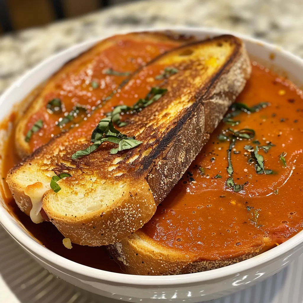 ['A close-up of a bowl of roasted tomato soup beside a grilled cheese sandwich.', 'Side view of creamy tomato soup with basil and a crispy grilled cheese on a plate.', 'Juicy roasted tomato soup served with toasted sourdough grilled cheese.', 'A vibrant bowl of tomato soup accompanied by a melty grilled cheese sandwich.']