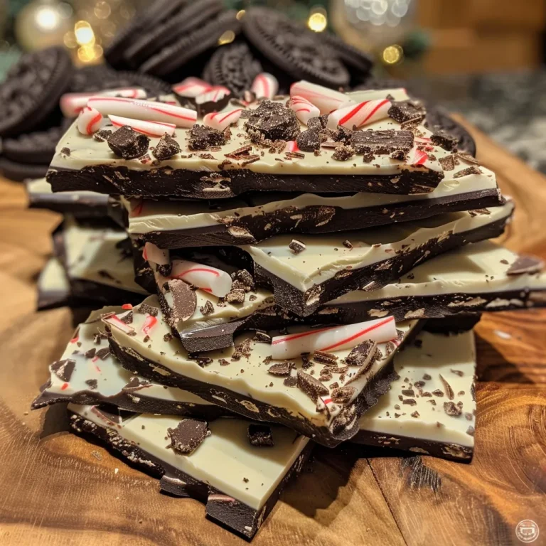['Close-up of Oreo Peppermint Chocolate Bark with crushed candy canes on top.', 'Side view of delicious chocolate bark featuring Oreo pieces and mint.', 'Rich, layered chocolate bark sprinkled with peppermint and Oreo bits.', 'Appetizing Oreo Peppermint Chocolate Bark showcasing layers of chocolate and candy.']