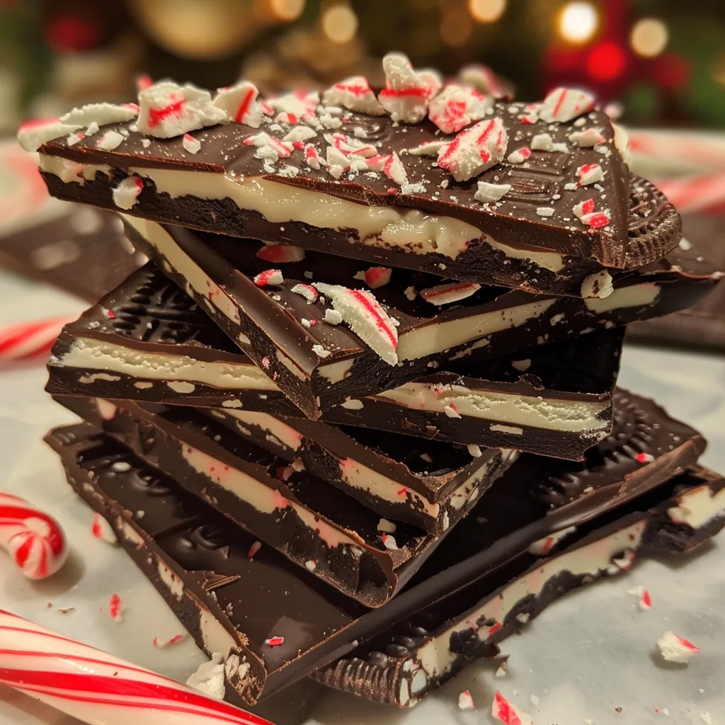 ['Close-up of Oreo Peppermint Chocolate Bark with crushed candy canes on top.', 'Side view of delicious chocolate bark featuring Oreo pieces and mint.', 'Rich, layered chocolate bark sprinkled with peppermint and Oreo bits.', 'Appetizing Oreo Peppermint Chocolate Bark showcasing layers of chocolate and candy.']