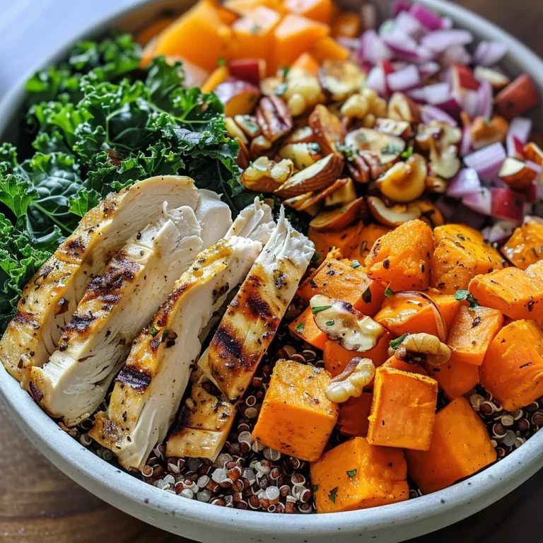 ['A close-up side view of a colorful autumn grain bowl featuring wild rice, quinoa, and diced sweet potatoes, garnished with kale and apple cubes.', 'A vibrant grain bowl filled with cooked wild rice, quinoa, sweet potato cubes, and topped with walnuts and shredded cheese, presented in a rustic setting.', 'A cozy grain bowl showcasing a mix of wild rice, quinoa, shredded chicken, and colorful vegetables, drizzled with a maple cinnamon vinaigrette.', 'A side view of a hearty autumn grain bowl highlighting layers of quinoa, sweet potatoes, kale, and apple, topped with a maple vinaigrette.']