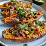['A hearty bowl of Sweet Potato Black Bean Chili topped with avocado and cilantro.', 'Close-up view of colorful Sweet Potato Black Bean Chili garnished with tortilla strips.', 'Side view of a steaming bowl of Sweet Potato Black Bean Chili with diced onions and jalapenos.', 'Delicious Sweet Potato Black Bean Chili with vibrant ingredients visible, served in a rustic bowl.']
