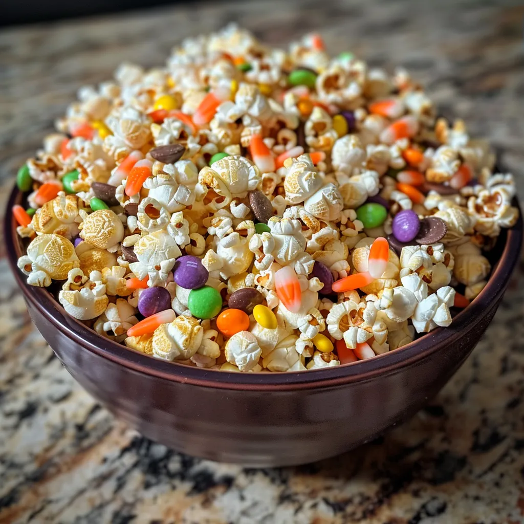['Close-up view of colorful Halloween popcorn topped with sprinkles and candy eyes.', 'Side view of vibrant white chocolate popcorn mixed with Halloween-themed candies.', 'Detailed shot of festive popcorn drizzled with colored chocolate and adorned with treats.', 'Close-up of a Halloween-inspired popcorn mix featuring candy corn and chocolate chips.']