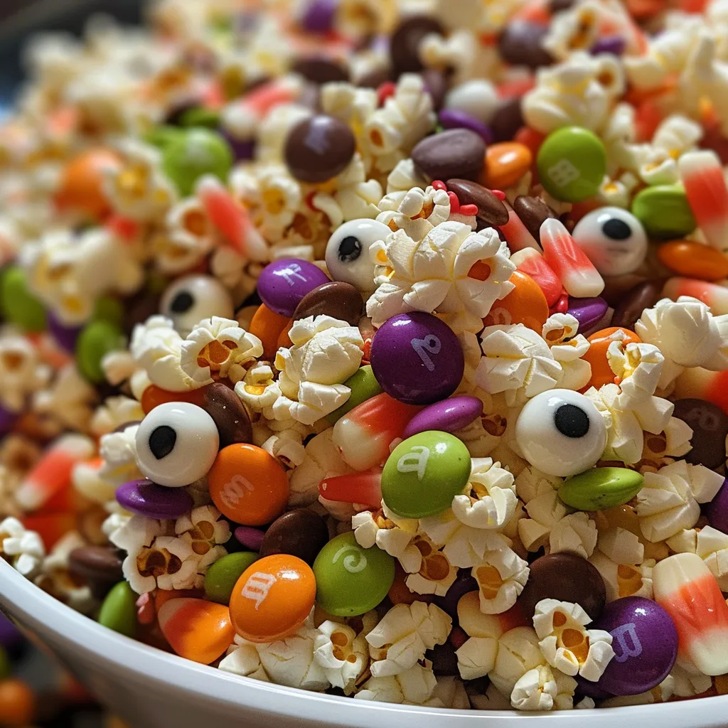 ['Close-up view of colorful Halloween popcorn topped with sprinkles and candy eyes.', 'Side view of vibrant white chocolate popcorn mixed with Halloween-themed candies.', 'Detailed shot of festive popcorn drizzled with colored chocolate and adorned with treats.', 'Close-up of a Halloween-inspired popcorn mix featuring candy corn and chocolate chips.']