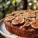 ['Close-up side view of a moist upside-down almond fig cake with caramelized figs on top.', 'A slice of upside-down almond fig cake showcasing the rich almond texture and halved figs.', 'Delicious almond fig cake captured from the side, highlighting the golden brown crust and soft interior.', 'Juicy upside-down almond fig cake featuring sliced figs and a fluffy almond base in a close-up shot.']