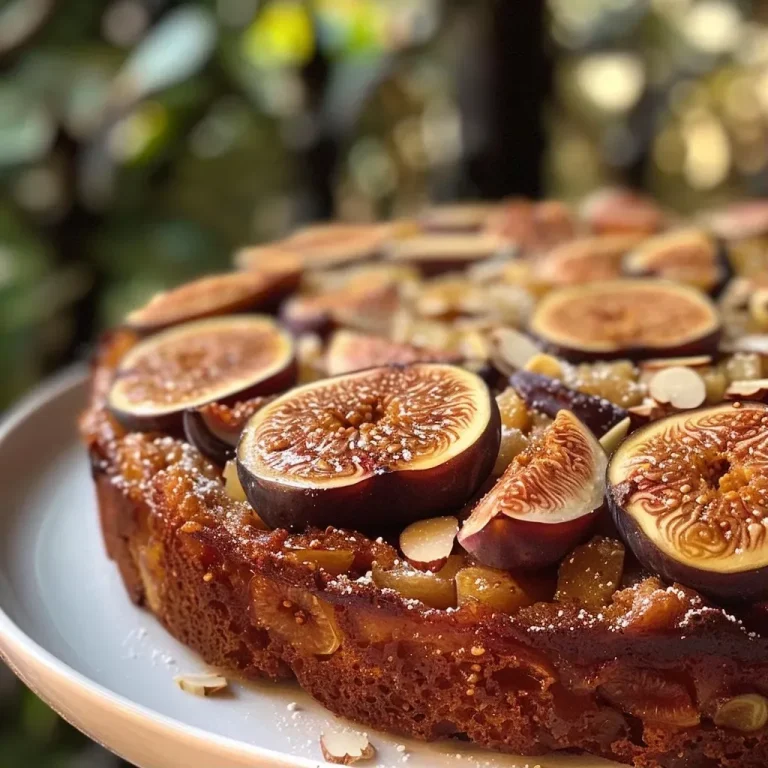 ['Close-up side view of a moist upside-down almond fig cake with caramelized figs on top.', 'A slice of upside-down almond fig cake showcasing the rich almond texture and halved figs.', 'Delicious almond fig cake captured from the side, highlighting the golden brown crust and soft interior.', 'Juicy upside-down almond fig cake featuring sliced figs and a fluffy almond base in a close-up shot.']