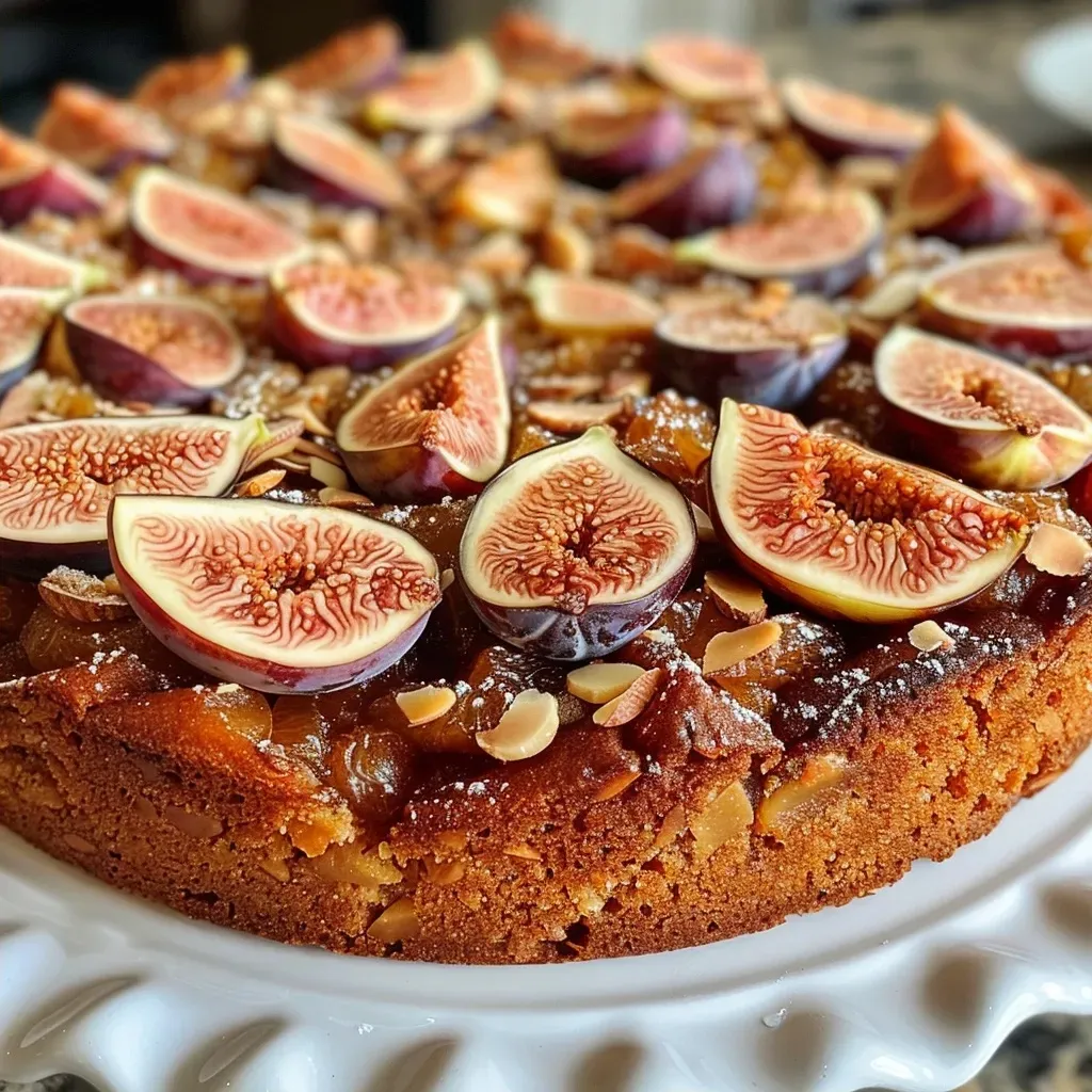 ['Close-up side view of a moist upside-down almond fig cake with caramelized figs on top.', 'A slice of upside-down almond fig cake showcasing the rich almond texture and halved figs.', 'Delicious almond fig cake captured from the side, highlighting the golden brown crust and soft interior.', 'Juicy upside-down almond fig cake featuring sliced figs and a fluffy almond base in a close-up shot.']