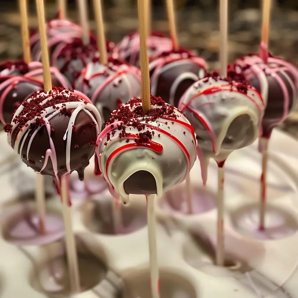 ['Side view of delicious Vampire Cake Pops decorated with dark chocolate and fruit roll-ups.', 'Close-up photo of Vampire Cake Pops featuring a mix of black and tan chocolate coatings.', 'Juicy Vampire Cake Pops displayed on a Styrofoam block, showcasing creative chocolate designs.', 'Intricate side view of cake pops resembling vampires, complete with chocolate and candy details.']