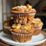 ['Close-up of golden-brown vegan apple muffins with a soft texture.', 'Side view of freshly baked vegan apple muffins with visible apple pieces.', 'Juicy vegan apple muffins showcasing a crumbly top and sliced apple.', 'Delicious vegan apple muffins with a lightly dusted sugar top and warm color.']