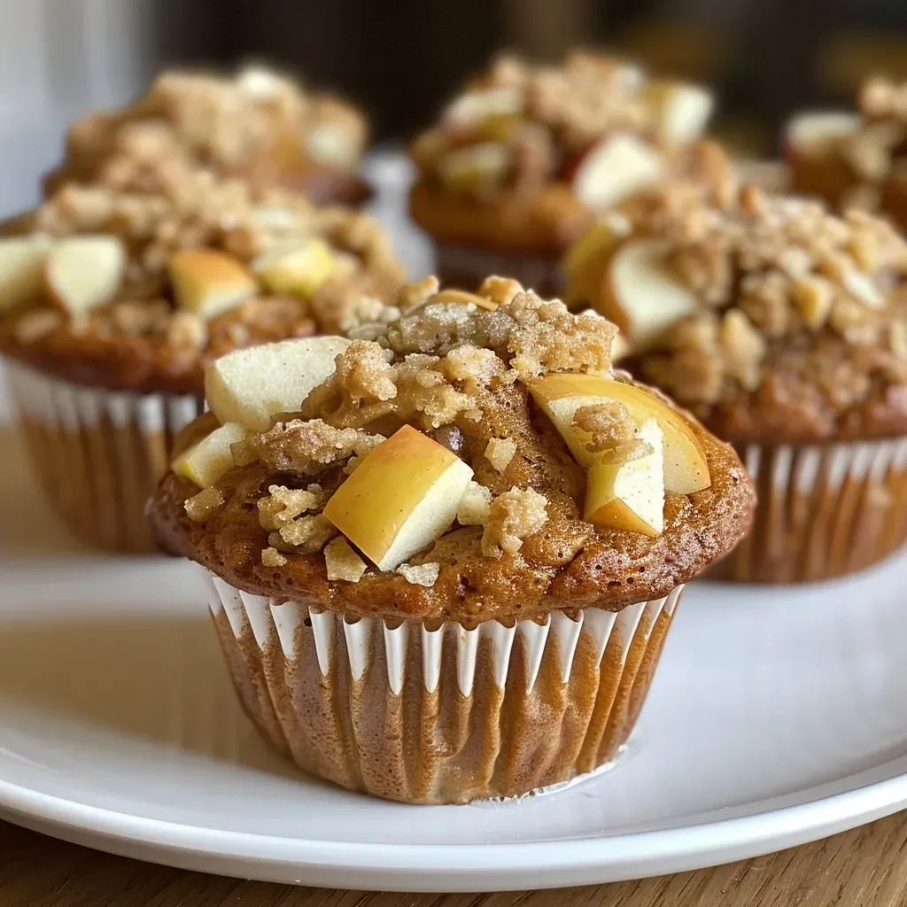 ['Close-up of golden-brown vegan apple muffins with a soft texture.', 'Side view of freshly baked vegan apple muffins with visible apple pieces.', 'Juicy vegan apple muffins showcasing a crumbly top and sliced apple.', 'Delicious vegan apple muffins with a lightly dusted sugar top and warm color.']