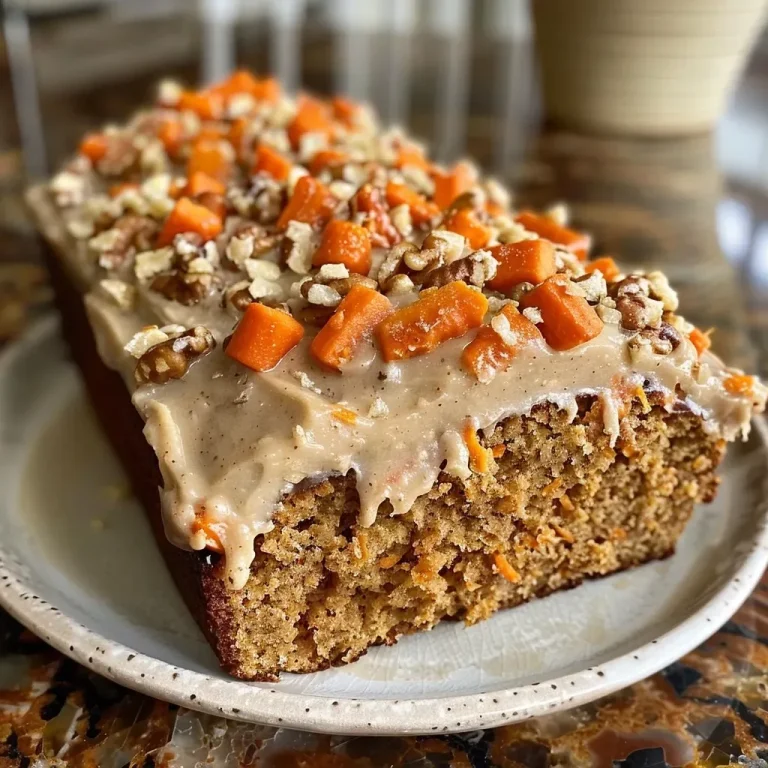 ['Close-up of a moist vegan carrot cake loaf with visible carrot shreds and nuts.', 'Side view of a slice of vegan carrot cake loaf topped with a creamy frosting.', 'A juicy vegan carrot cake loaf showcasing its golden-brown exterior and creamy icing.', 'Detailed shot of a vegan carrot cake loaf displaying texture and carrot pieces.']
