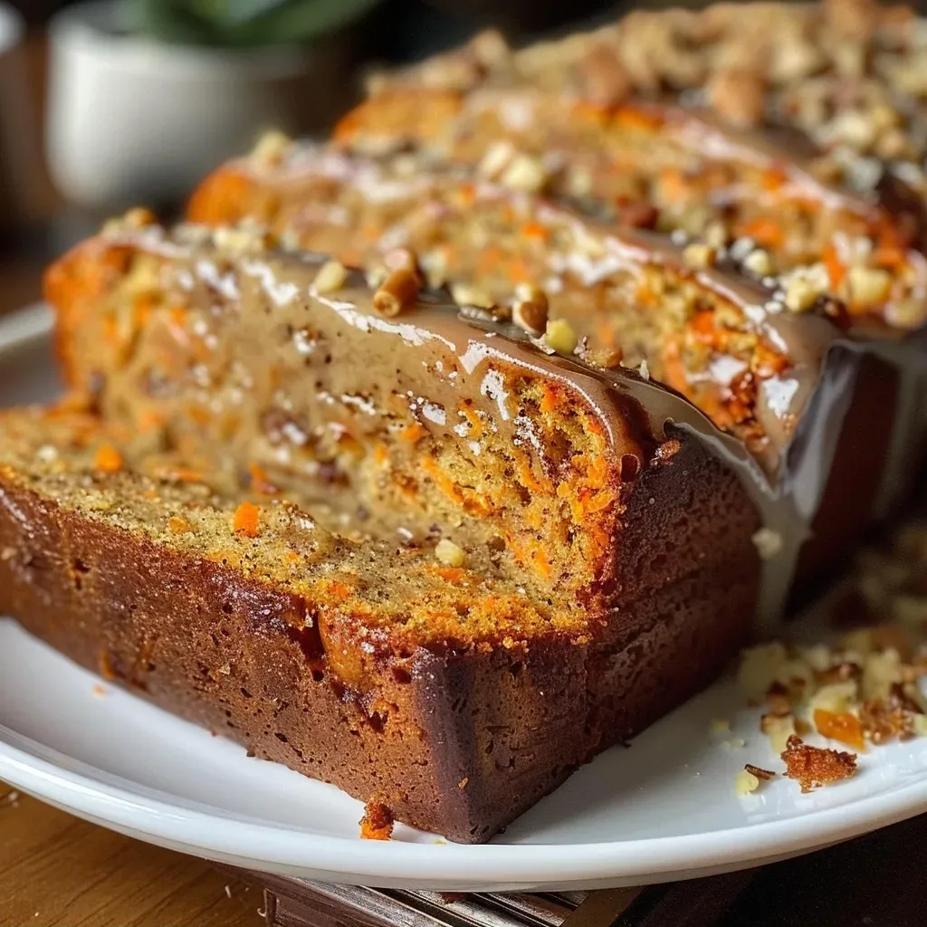 ['Close-up of a moist vegan carrot cake loaf with visible carrot shreds and nuts.', 'Side view of a slice of vegan carrot cake loaf topped with a creamy frosting.', 'A juicy vegan carrot cake loaf showcasing its golden-brown exterior and creamy icing.', 'Detailed shot of a vegan carrot cake loaf displaying texture and carrot pieces.']