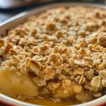 ['Close-up view of a golden-brown vegan crumble topping on a wooden surface.', 'Detailed shot of a vegan crumble topping with oats and sugar glistening.', 'Side view of a crumbly, textured topping made with oats and vegan butter.', 'Close-up image of a delicious vegan crumble topping ready to enhance desserts.']