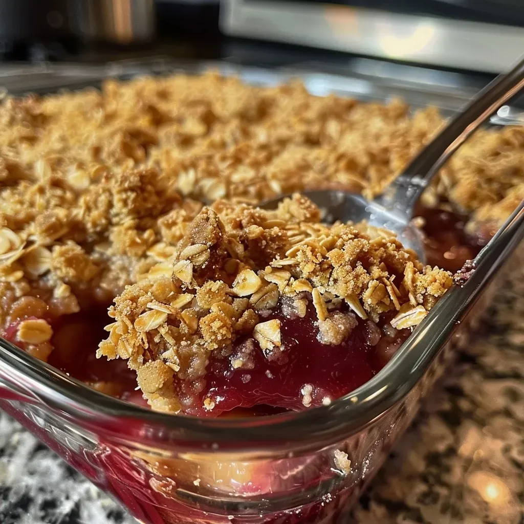 ['Close-up view of a golden-brown vegan crumble topping on a wooden surface.', 'Detailed shot of a vegan crumble topping with oats and sugar glistening.', 'Side view of a crumbly, textured topping made with oats and vegan butter.', 'Close-up image of a delicious vegan crumble topping ready to enhance desserts.']